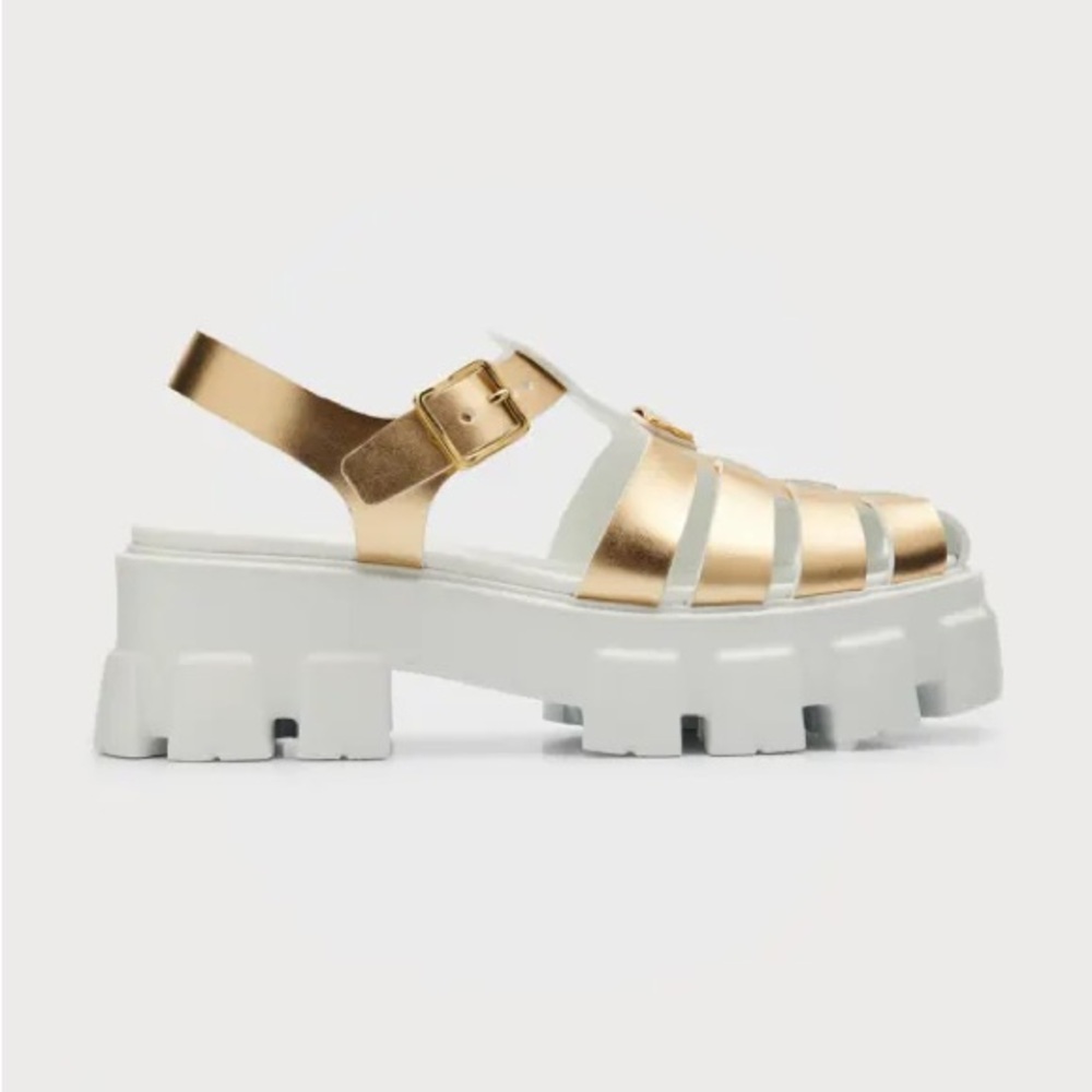 Prada 'Platform' Gold Leather Fisherman Sandals Size 8 - Picture 3 of 3